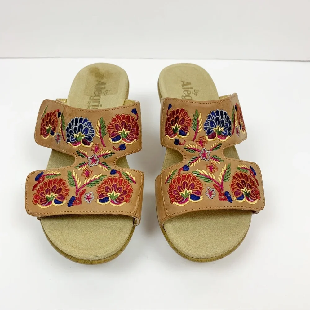 Alegria Linn Clog Floral Embroidered Tan Leather Wedge Sandals